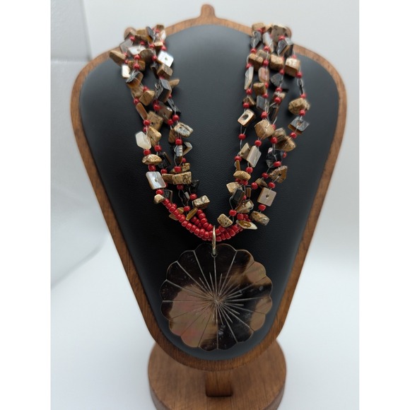 Sonoma Life + Style Jewelry - Sonoma Red Beaded Multi Strand Necklace Mother of Pearl Shell Pendant Boho